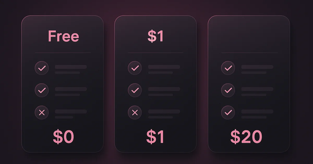 Three price-tier cards side by side with feature comparison icons