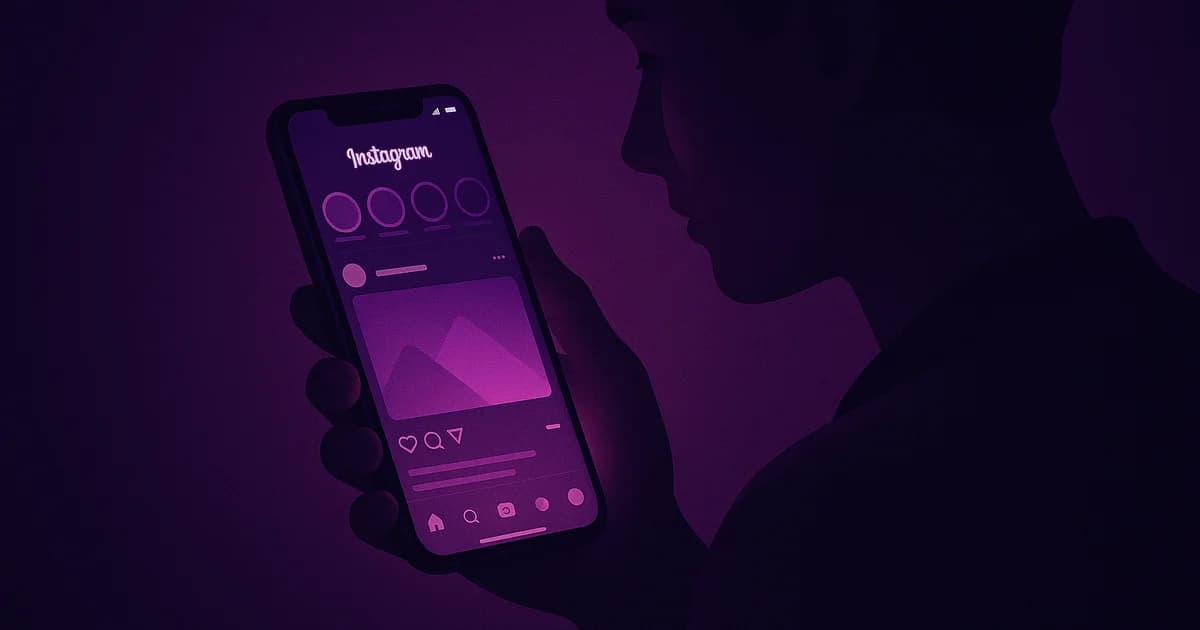 Person on couch holding phone with Instagram open, screen partially visible