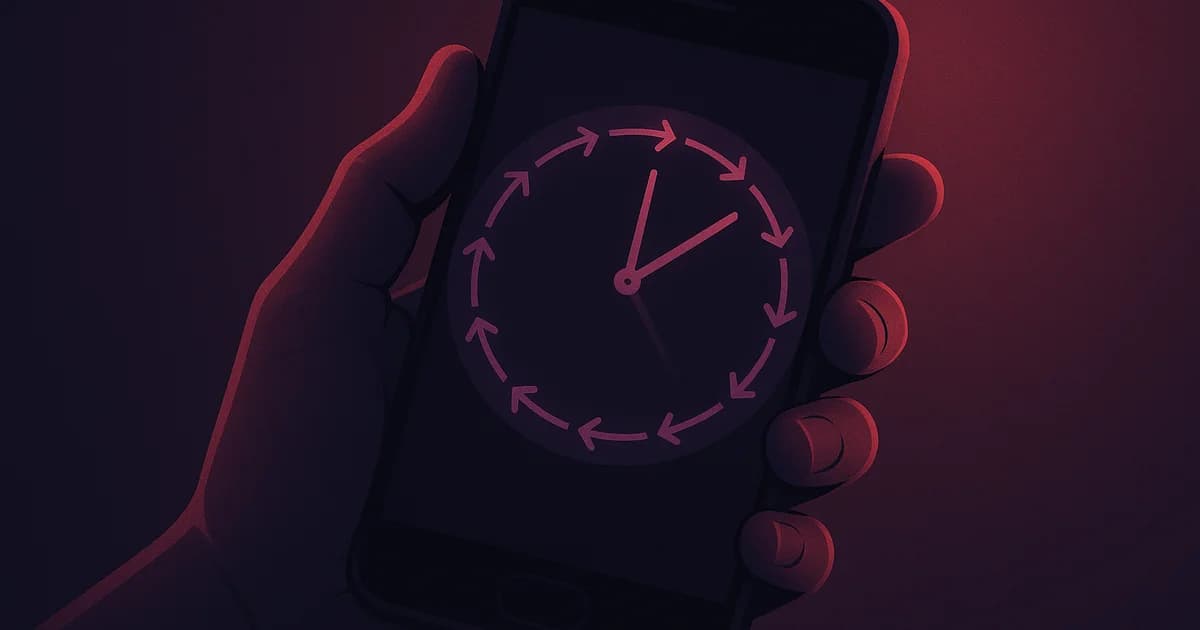 Hand holding phone with Instagram app open, with circular clock overlay showing repeated time intervals