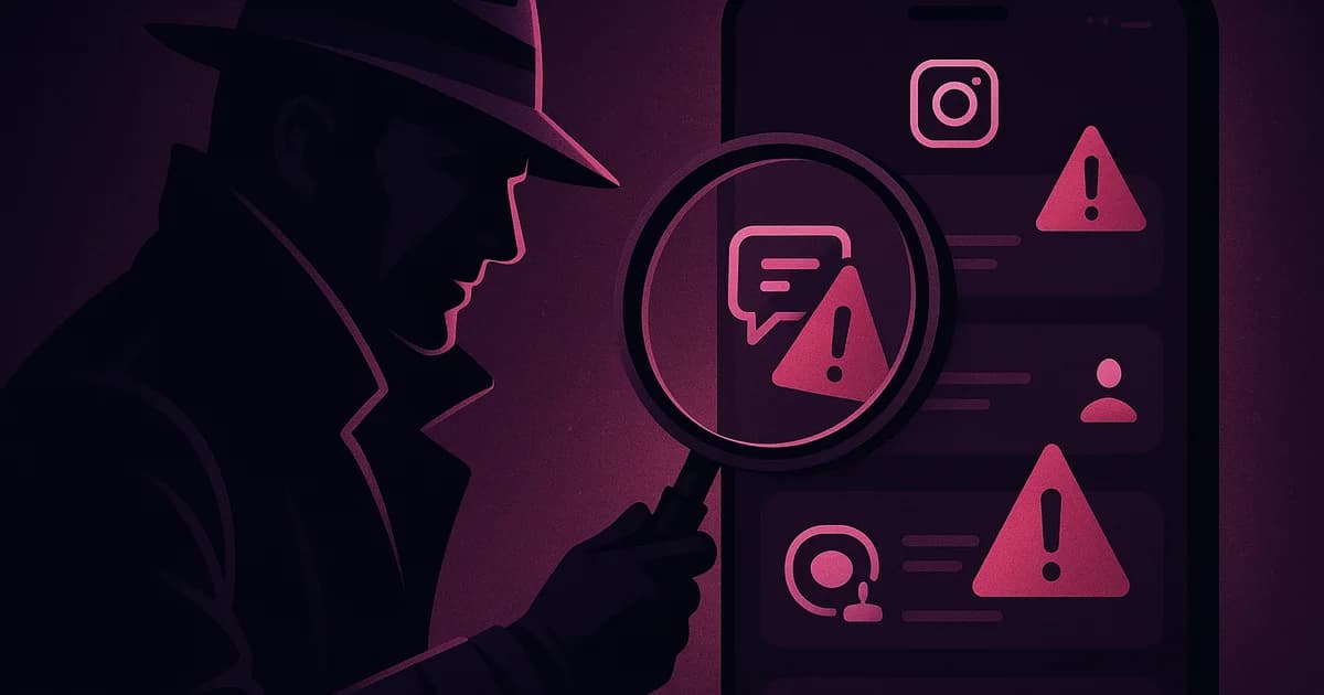 Phone showing Instagram activity tracking data with suspicious follow patterns highlighted