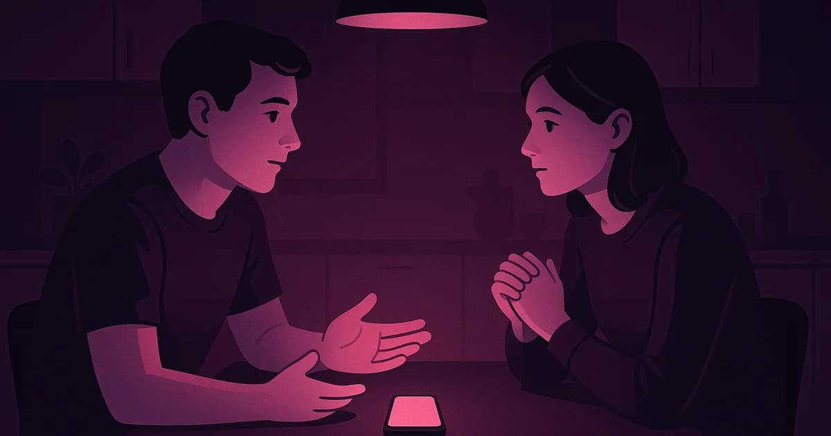 Two people sitting across from each other at a table with phones, late-evening kitchen lighting