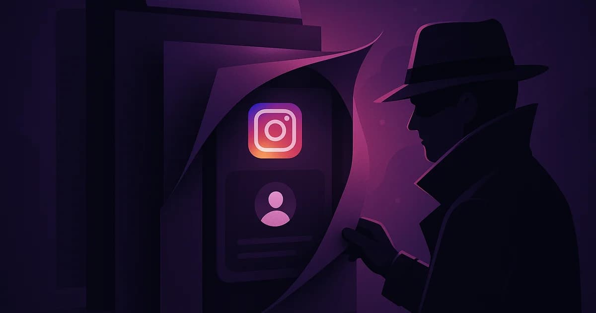 Magnifying glass hovering over a phone screen with a hidden Instagram profile being revealed
