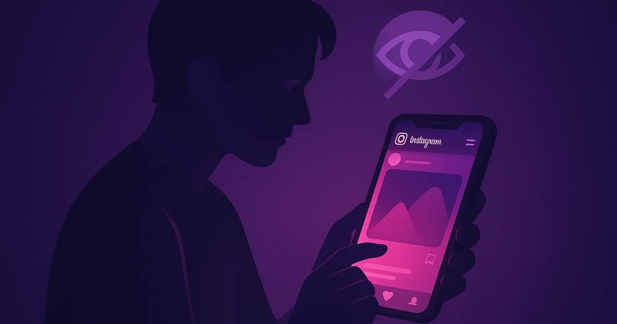 Person browsing Instagram on a phone while hidden behind a screen showing anonymous mode