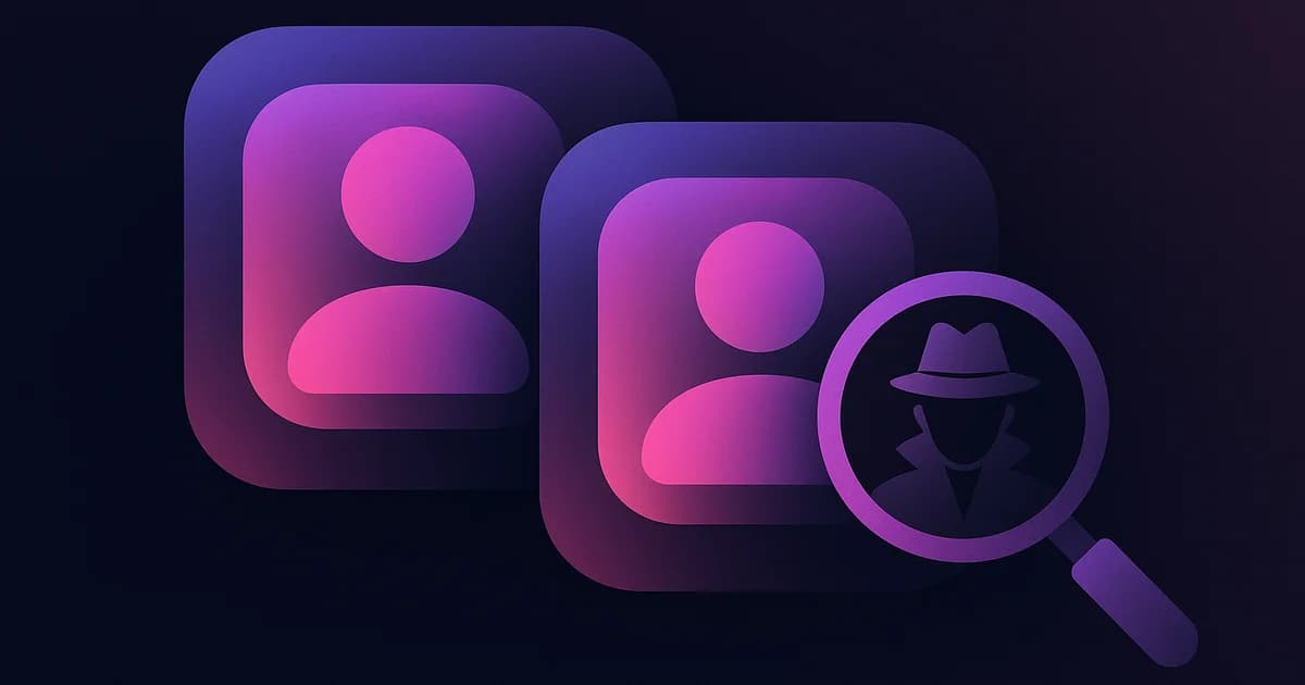 Two Instagram profile icons overlapping showing a visible main account and a hidden secondary account with detective magnifying glass