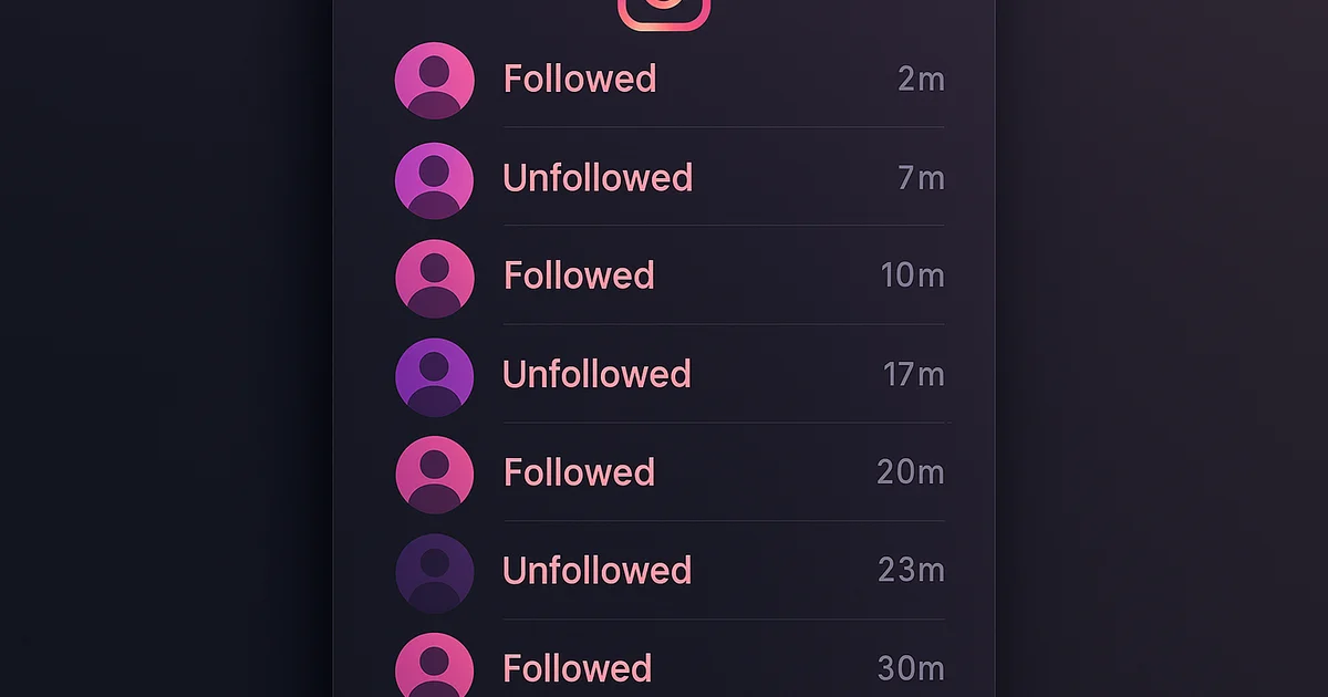 Instagram Your Activity screen showing follow and unfollow history log entries