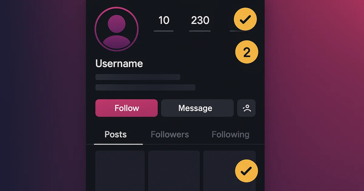 Phone screen showing an Instagram profile with checklist annotations overlay