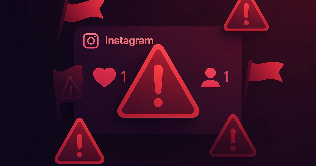 Instagram app interface with warning sign icons highlighting suspicious activity patterns