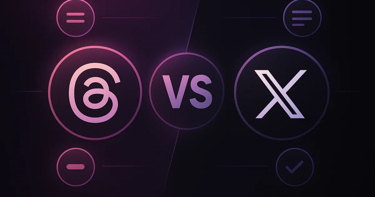 Instagram Threads logo and X Twitter logo side by side with comparison metrics showing user engagement and features in 2026