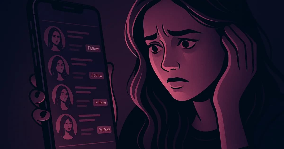 Woman looking at her boyfriend's Instagram following list with a thoughtful expression