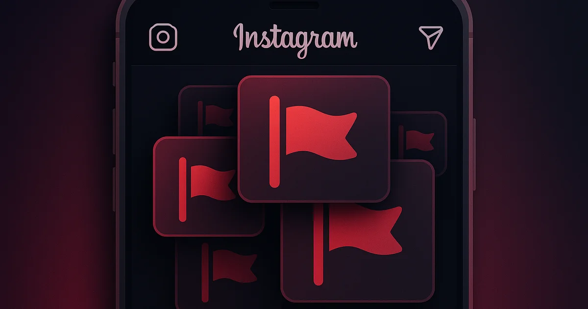 Phone screen showing a partial Instagram interface with several overlapping red-flag indicators