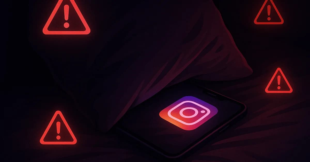 Phone screen showing suspicious Instagram activity with red flag warning icons