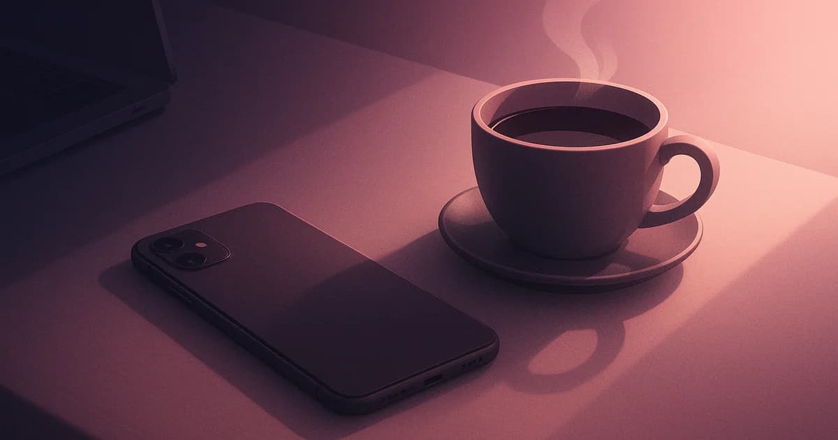 Calm desk scene with phone face-down and a cup of coffee, soft morning light