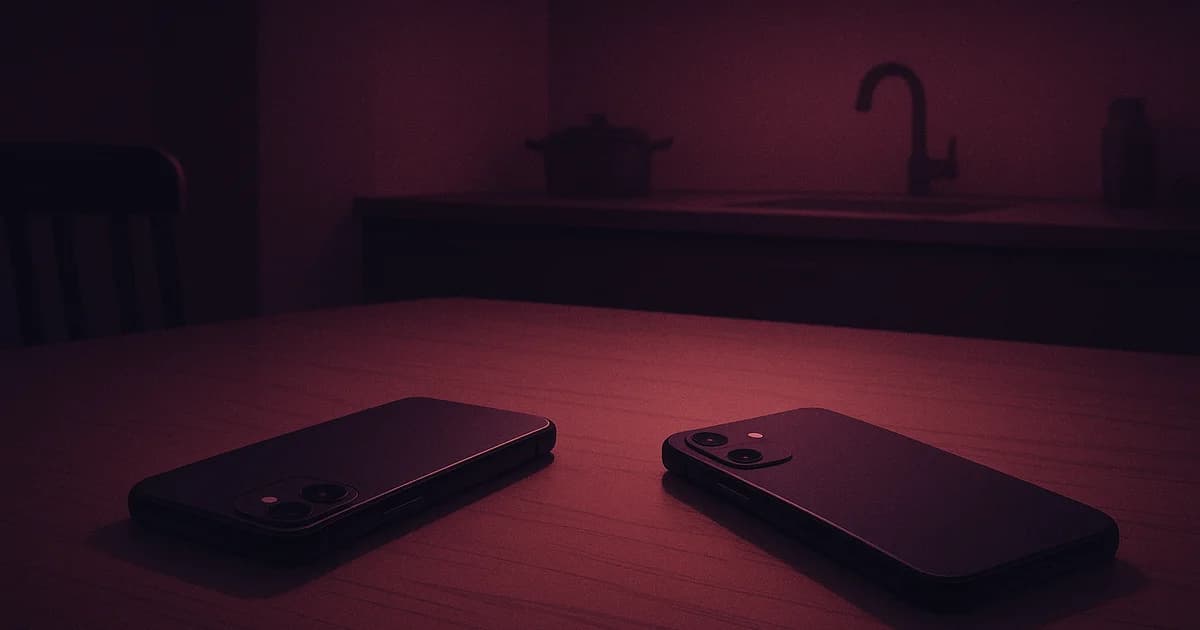 Two phones on a kitchen table, both facing down, in soft evening light