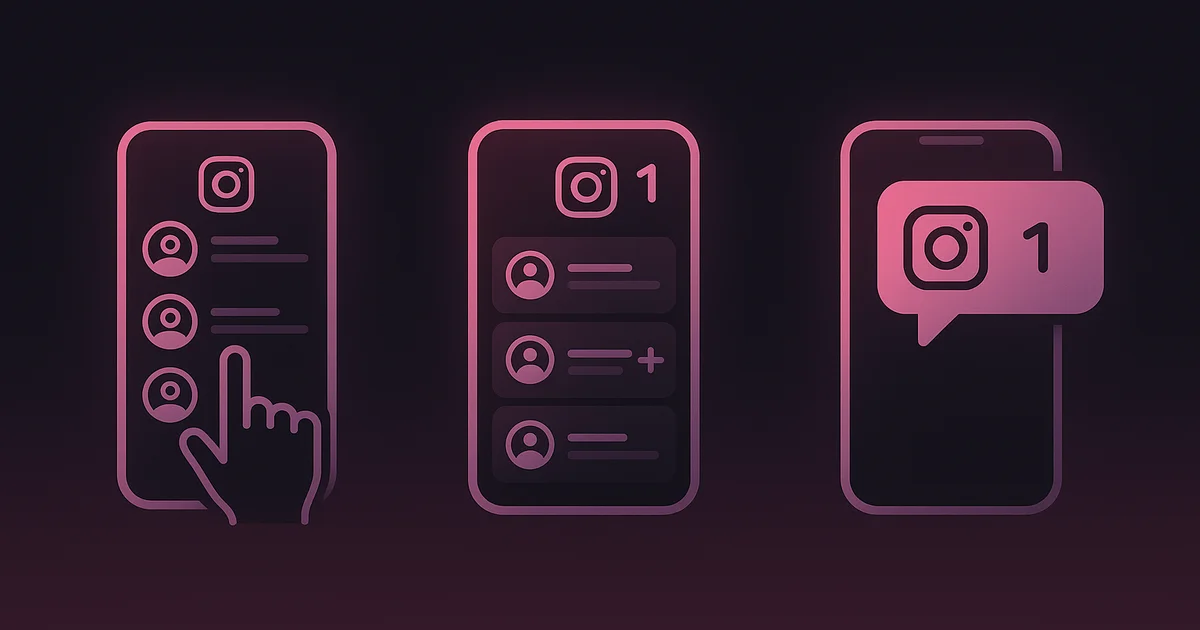 A split-screen illustration compares different methods for tracking someone's recent Instagram follows and notifications on a mobile device