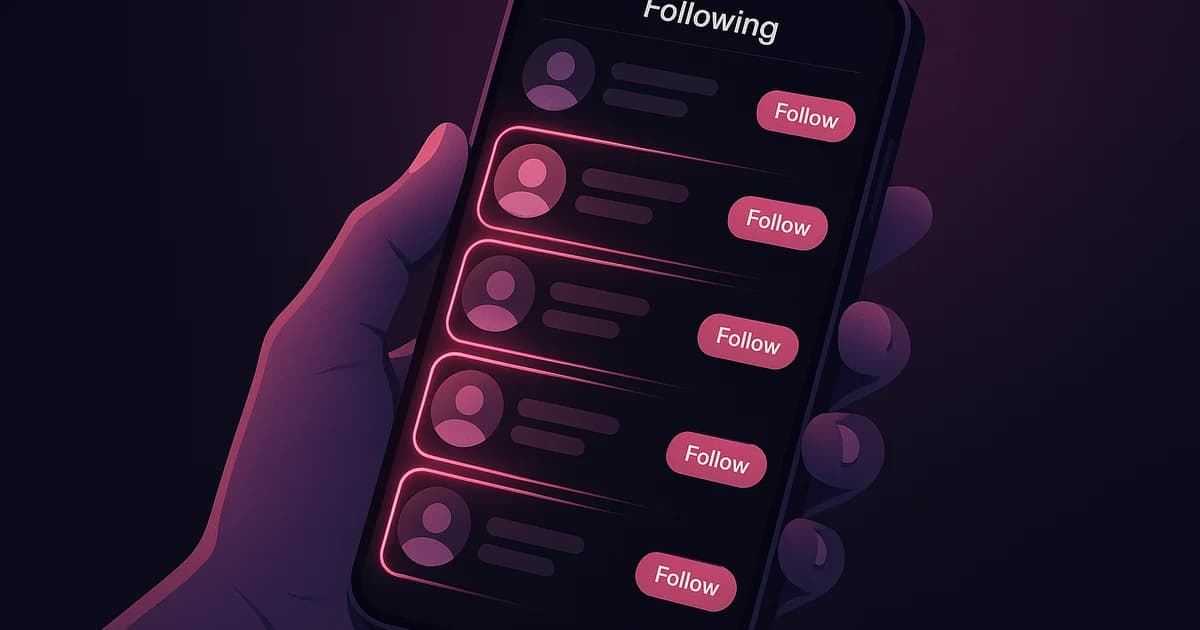 An Instagram user views a phone screen displaying their following list with a search bar and numerous profile thumbnails
