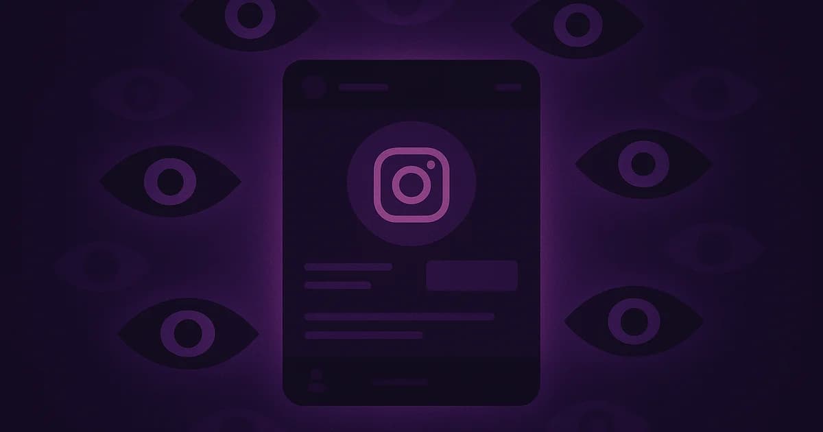A person uses a magnifying glass to examine their Instagram profile page with anonymous viewers in the background