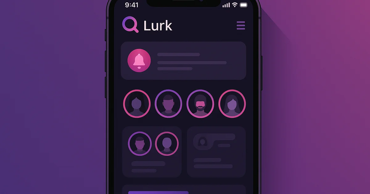 A smartphone screen displays the Lurk app dashboard with previews of Instagram notification and tracked account profiles