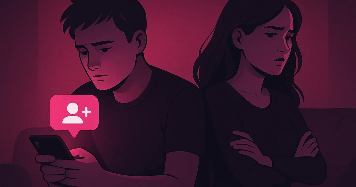 Concerned person looking at phone after seeing girlfriend followed a new guy on Instagram